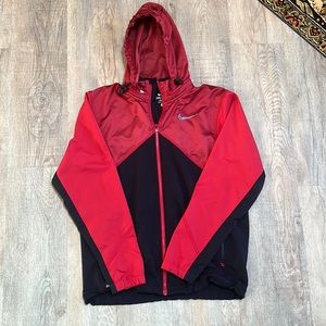 Nike Dry-Fit Black & Red Hooded Performance Windbreaker Rain Jacket